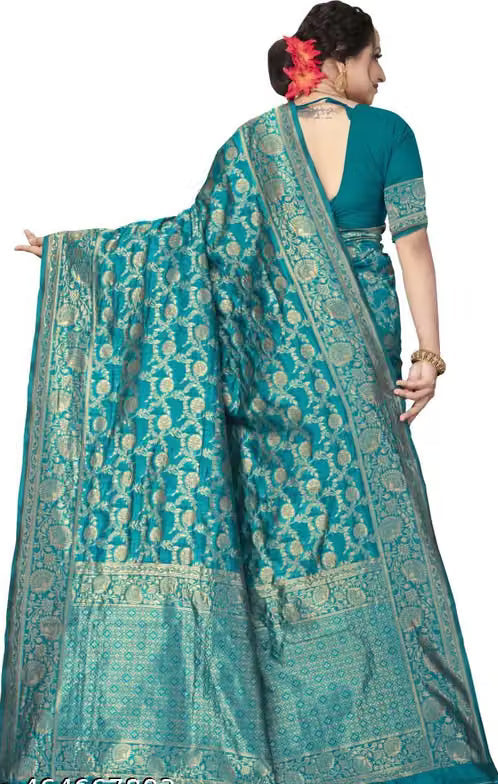 Teal Banarasi Silk Saree - Model back view showing full silver zari jaal pallu