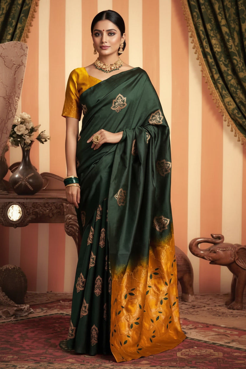Dark Green Mustard Silk Saree - Full front drape showing dual tone