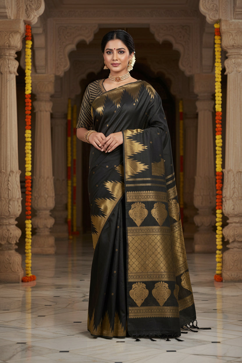 Black Kanjipuram Silk Saree - Full drape editorial standing view