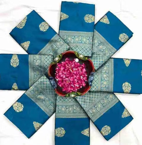 Teal Blue Banarasi Silk Saree - Flat lay showing gold paisley buti pattern