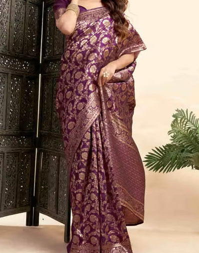 Model wearing deep purple Banarasi silk saree - full length front view