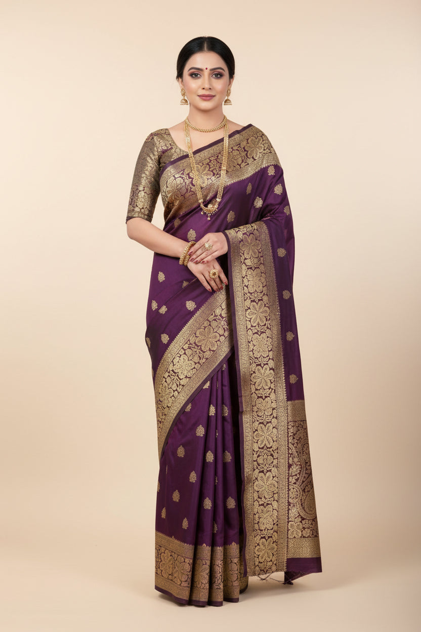 Purple Banarasi Silk Saree - Full front drape view