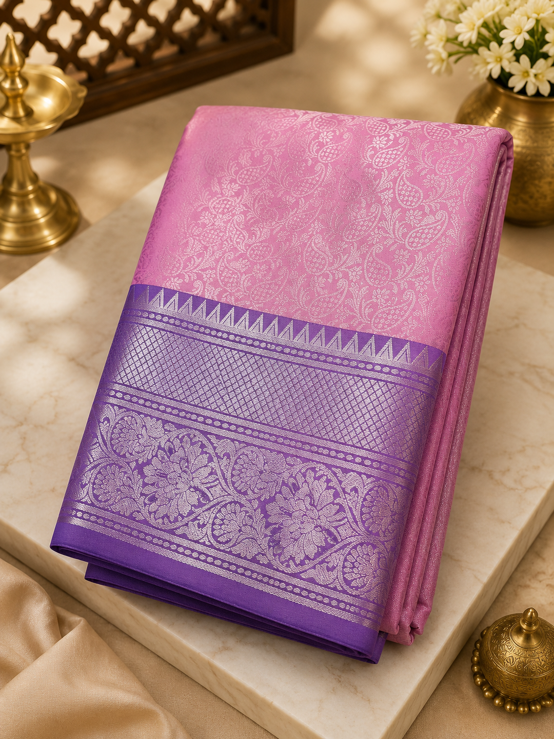 Pink &amp; Purple Kanjipuram Silk Saree with Silver Zari Border