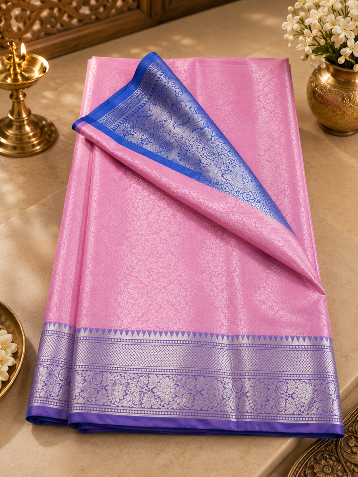 Pink &amp; Purple Kanjipuram Silk Saree with Silver Zari Border