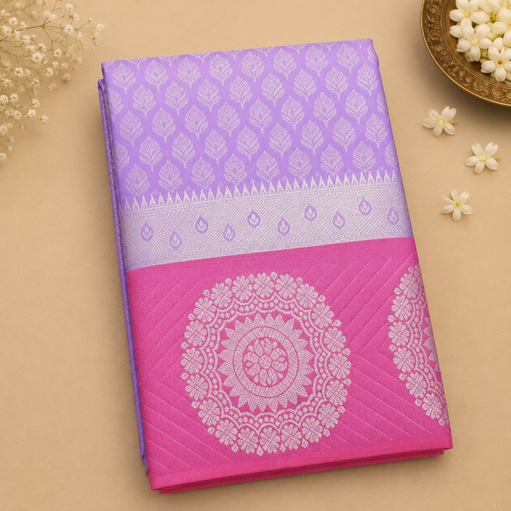 Lavender Banarasi Silk Saree with Silver Zari Buti &amp; Hot Pink Medallion Pallu