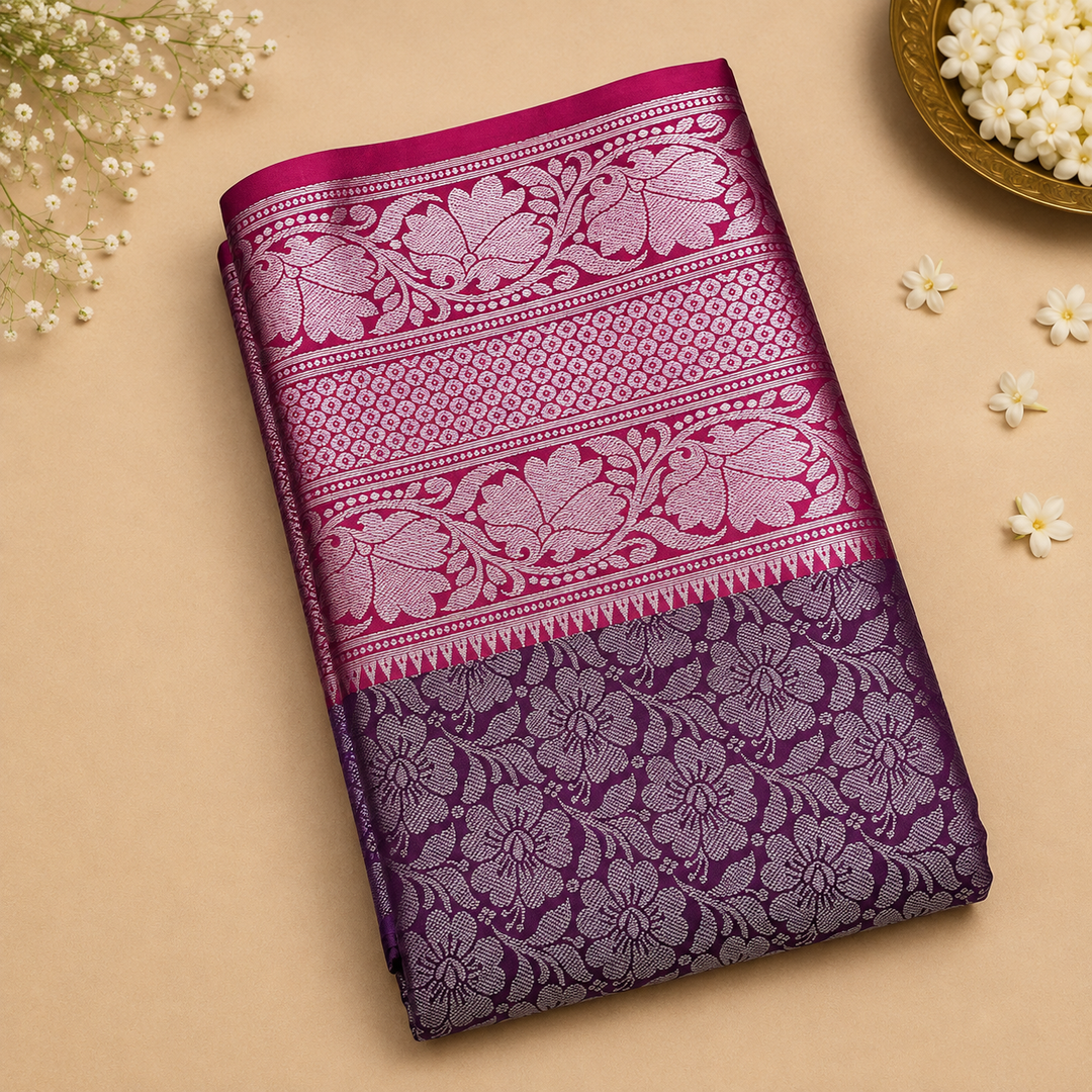 Deep Purple Banarasi Silk Saree with All-Over Silver Zari Floral Jaal &amp; Hot Pink Medallion Border
