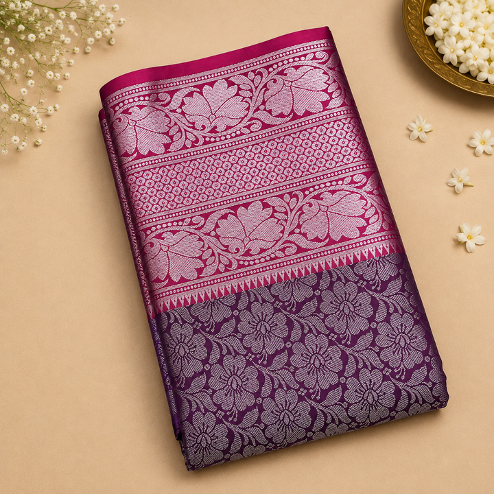 Deep Purple Banarasi Silk Saree with All-Over Silver Zari Floral Jaal &amp; Hot Pink Medallion Border