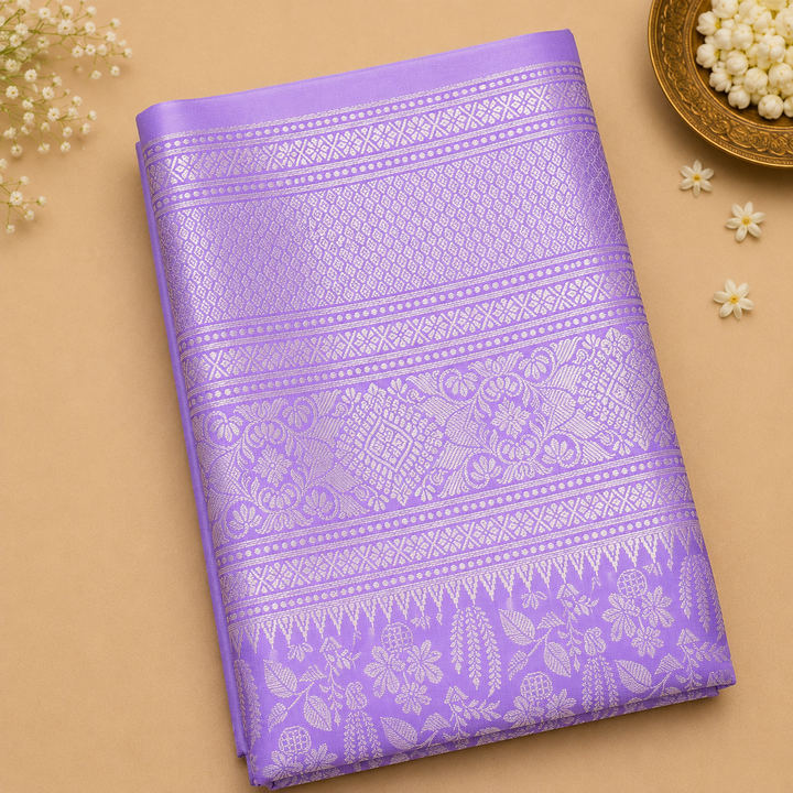 Lavender Kanjipuram Silk Saree with All-Over Self-Tone Silver Zari Floral &amp; Geometric Weave