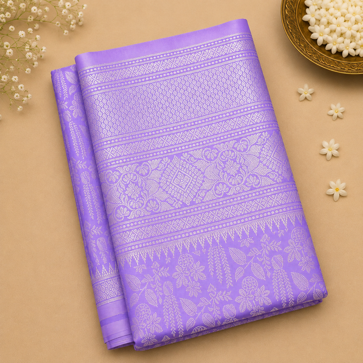 Lavender Kanjipuram Silk Saree with All-Over Self-Tone Silver Zari Floral &amp; Geometric Weave