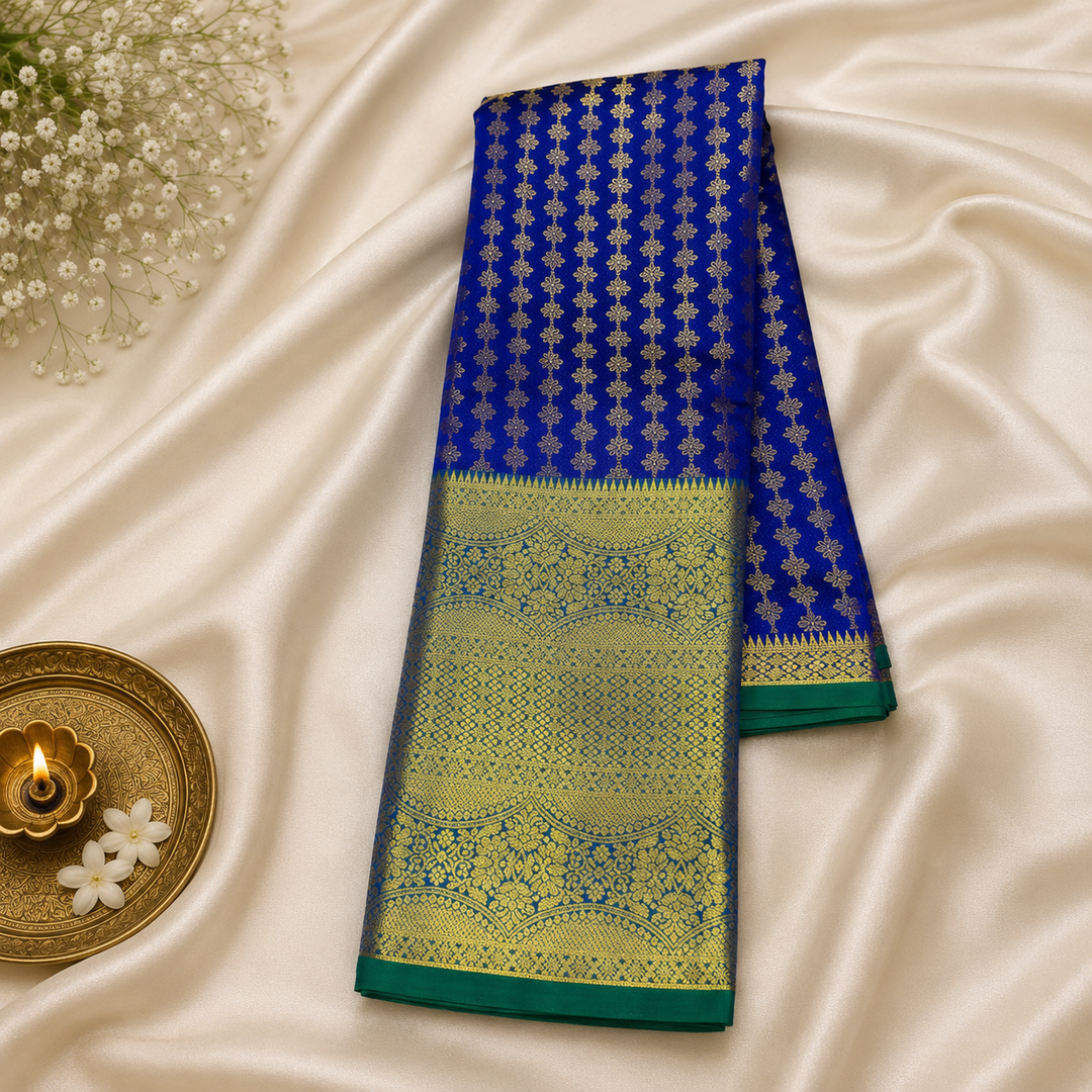 Royal Blue Banarasi Silk Saree with Gold Zari Diamond Buti &amp; Lime Green Dense Zari Pallu