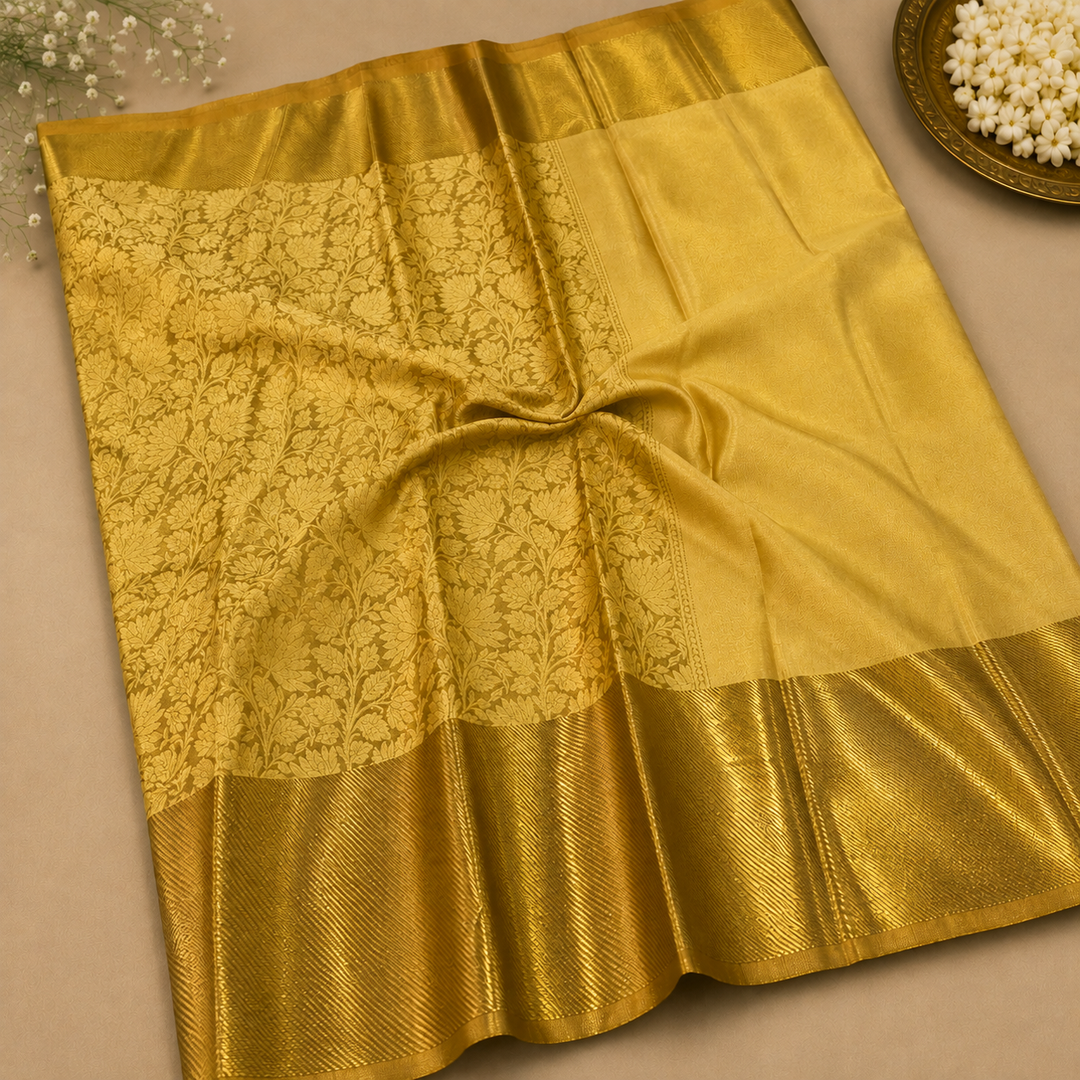 Golden Yellow Banarasi Silk Saree with All-Over Self-Tone Gold Zari Floral Jaal Weave