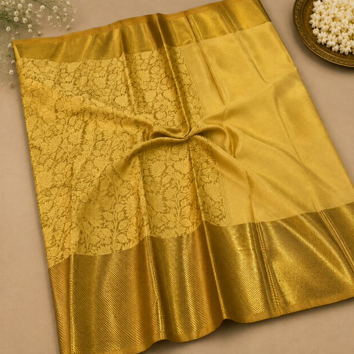 Golden Yellow Banarasi Silk Saree with All-Over Self-Tone Gold Zari Floral Jaal Weave