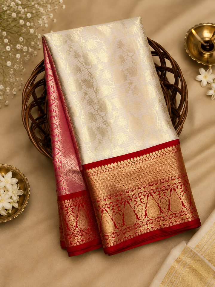 Cream Kanjipuram Silk Saree with Self-Tone Gold Zari Floral Weave &amp; Deep Red Mango Motif Border