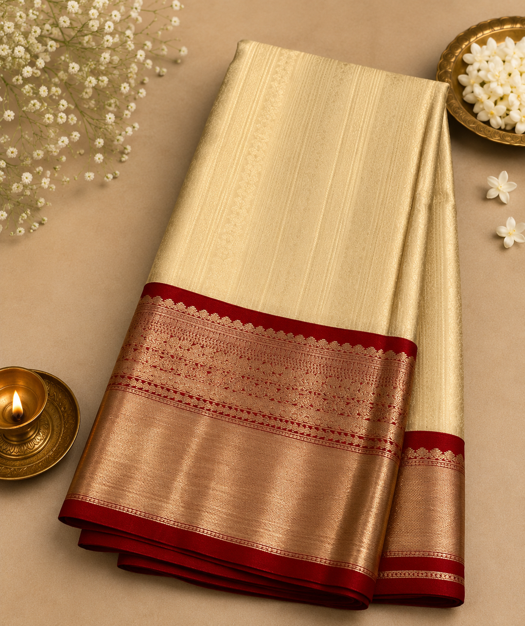 Cream Tissue Silk Saree with All-Over Gold Zari Stripe Weave &amp; Deep Red Dense Zari Border