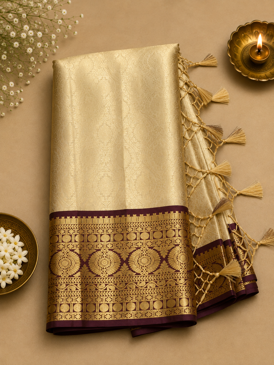 Cream Kanjipuram Silk Saree with Gold Zari Floral Jaal &amp; Wine Maroon Circular Medallion Border