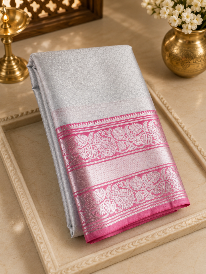 White &amp; Pink Kanjipuram Silk Saree with Silver Zari Border