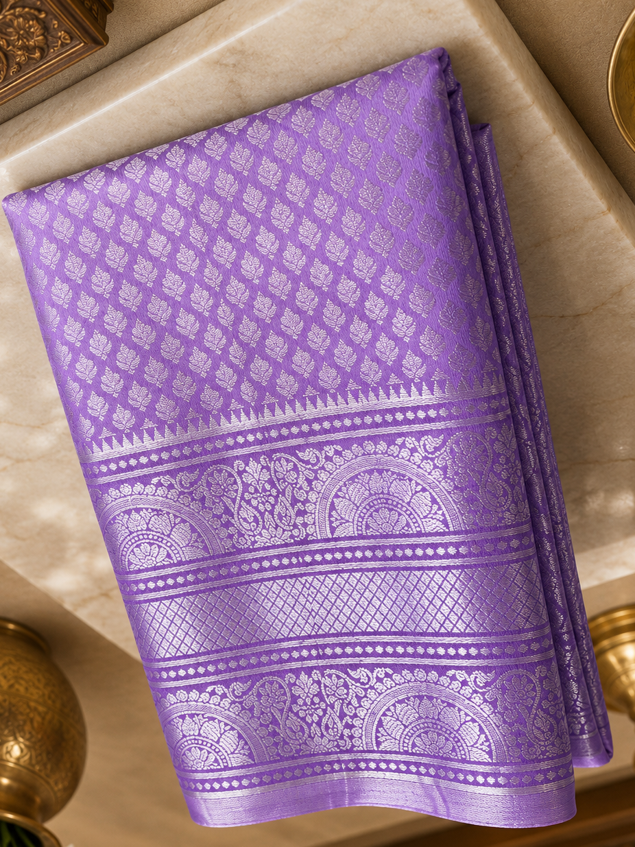 Lilac Purple Kanjipuram Silk Saree with Silver Zari