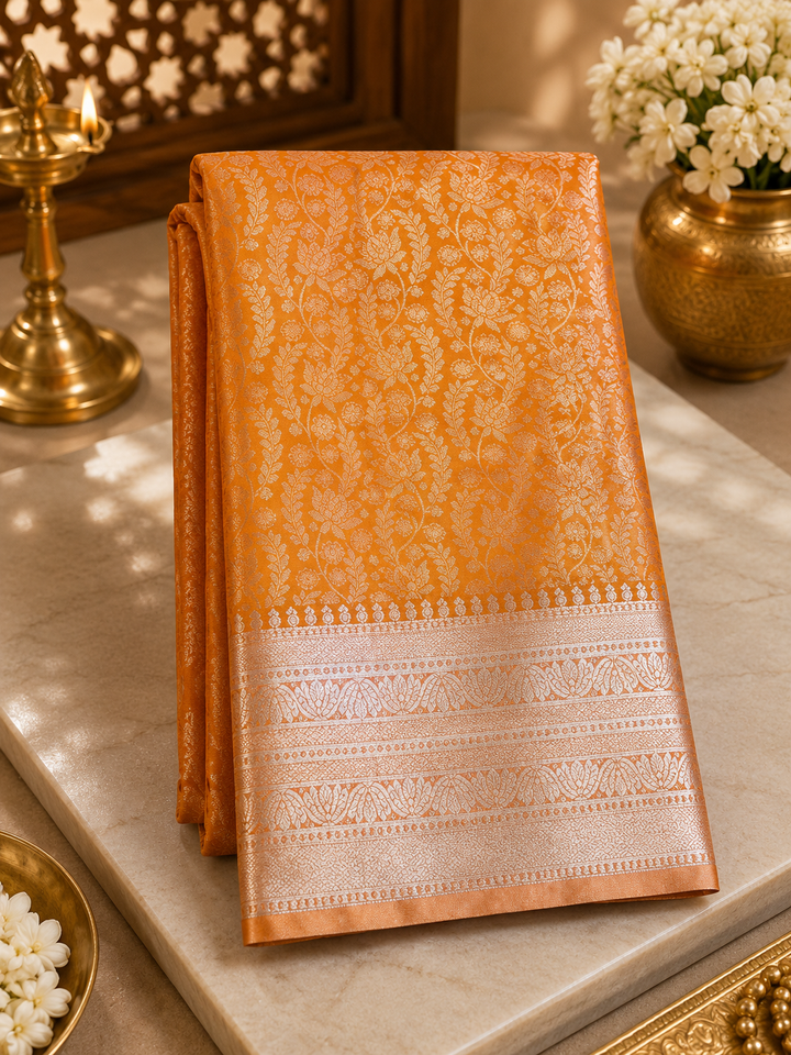 Mustard Gold Kanjipuram Silk Saree with Silver Zari Border