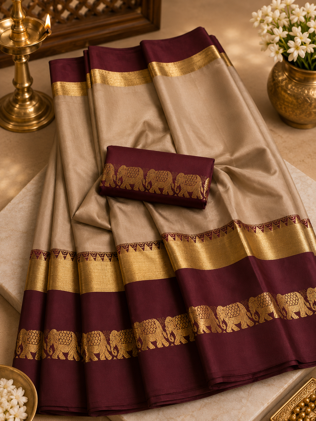 Beige &amp; Maroon Kanjipuram Silk Saree with Gold Elephant Zari Border