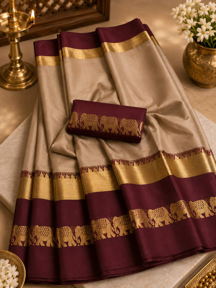 Beige &amp; Maroon Kanjipuram Silk Saree with Gold Elephant Zari Border