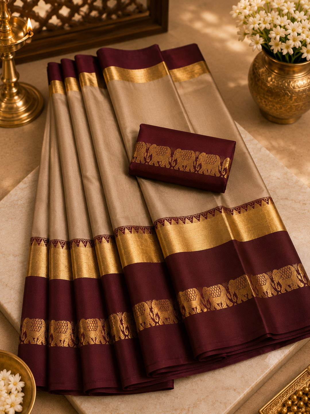 Beige &amp; Maroon Kanjipuram Silk Saree with Gold Elephant Zari Border