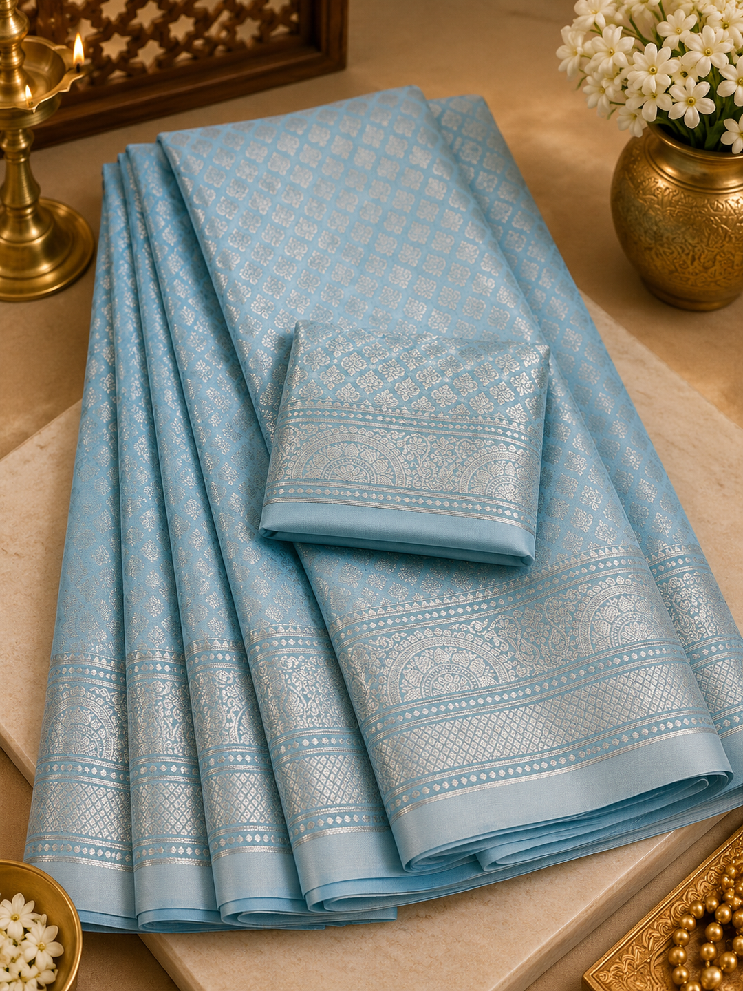 Sky Blue Kanjipuram Silk Saree with Silver Zari Border