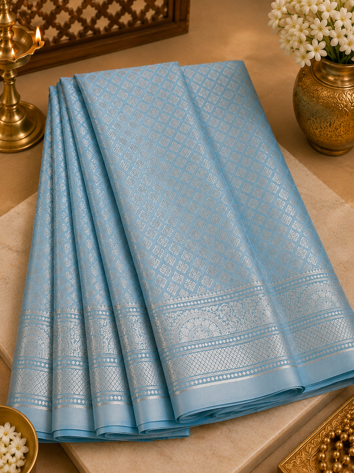 Sky Blue Kanjipuram Silk Saree with Silver Zari Border
