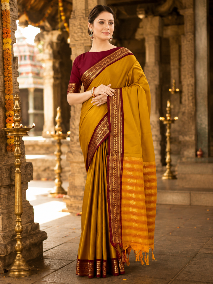 Mustard &amp; Maroon Kanjipuram Silk Saree with Gold Zari Border