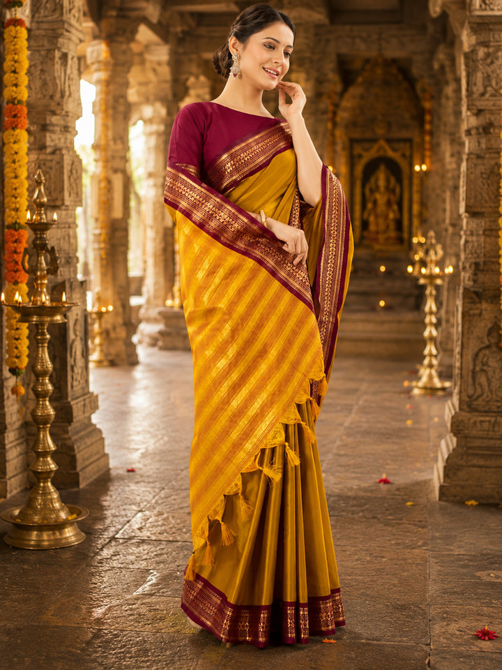 Mustard &amp; Maroon Kanjipuram Silk Saree with Gold Zari Border