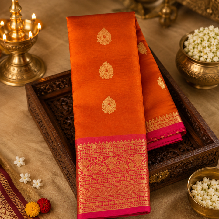 Orange &amp; Pink Kanjipuram Silk Saree with Gold Zari Border