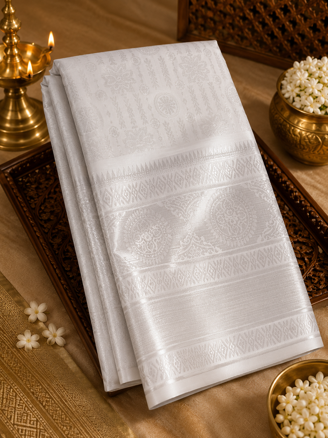 Pure White Kanjipuram Silk Saree with Self Zari Brocade