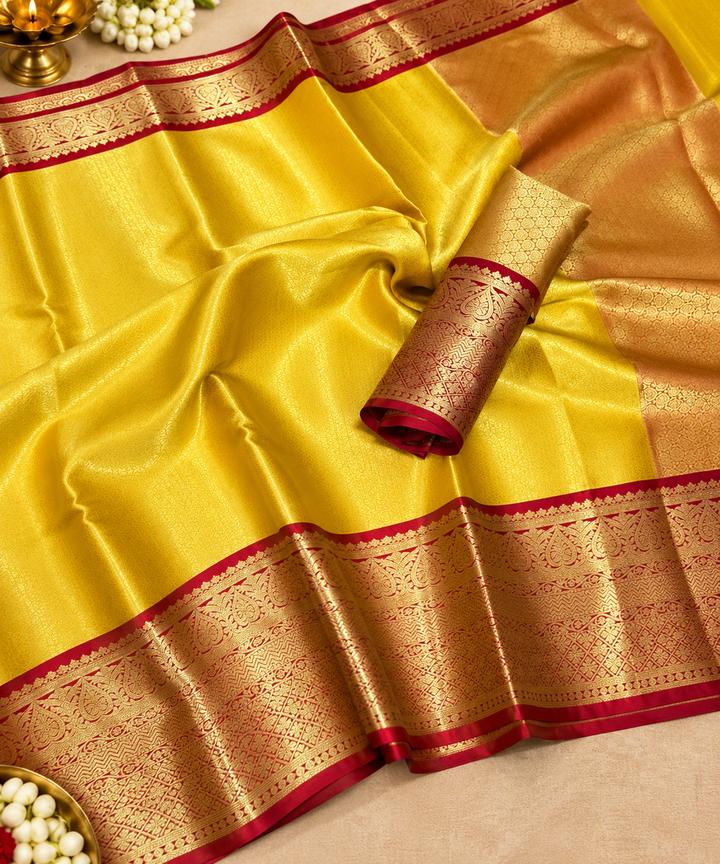Yellow Kanjipuram Silk Saree with Broad Red Border &amp; Dense Gold Zari Paisley Weave