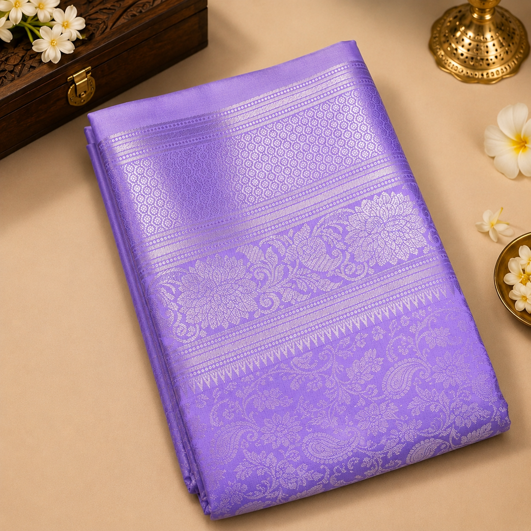 Lavender Banarasi Silk Saree with All-Over Silver Zari Floral Jaal Weave