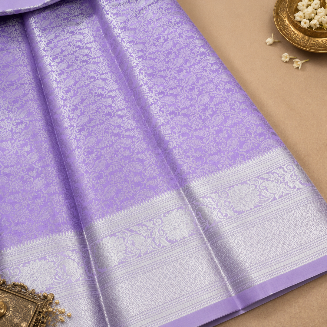 Lavender Banarasi Silk Saree with All-Over Silver Zari Floral Jaal Weave