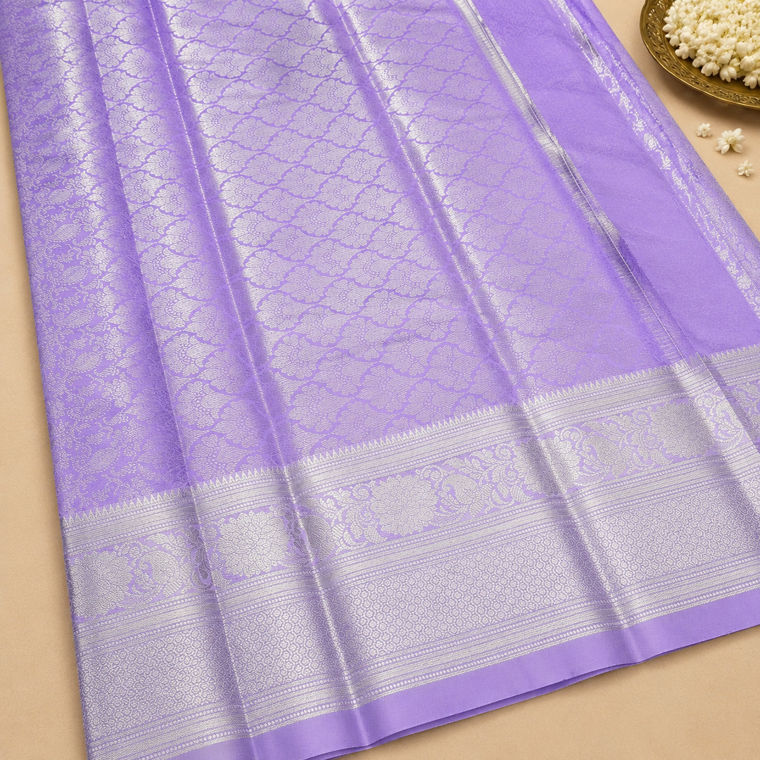 Lavender Banarasi Silk Saree with All-Over Silver Zari Floral Jaal Weave