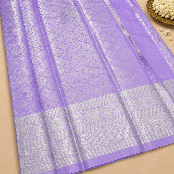 Lavender Banarasi Silk Saree with All-Over Silver Zari Floral Jaal Weave