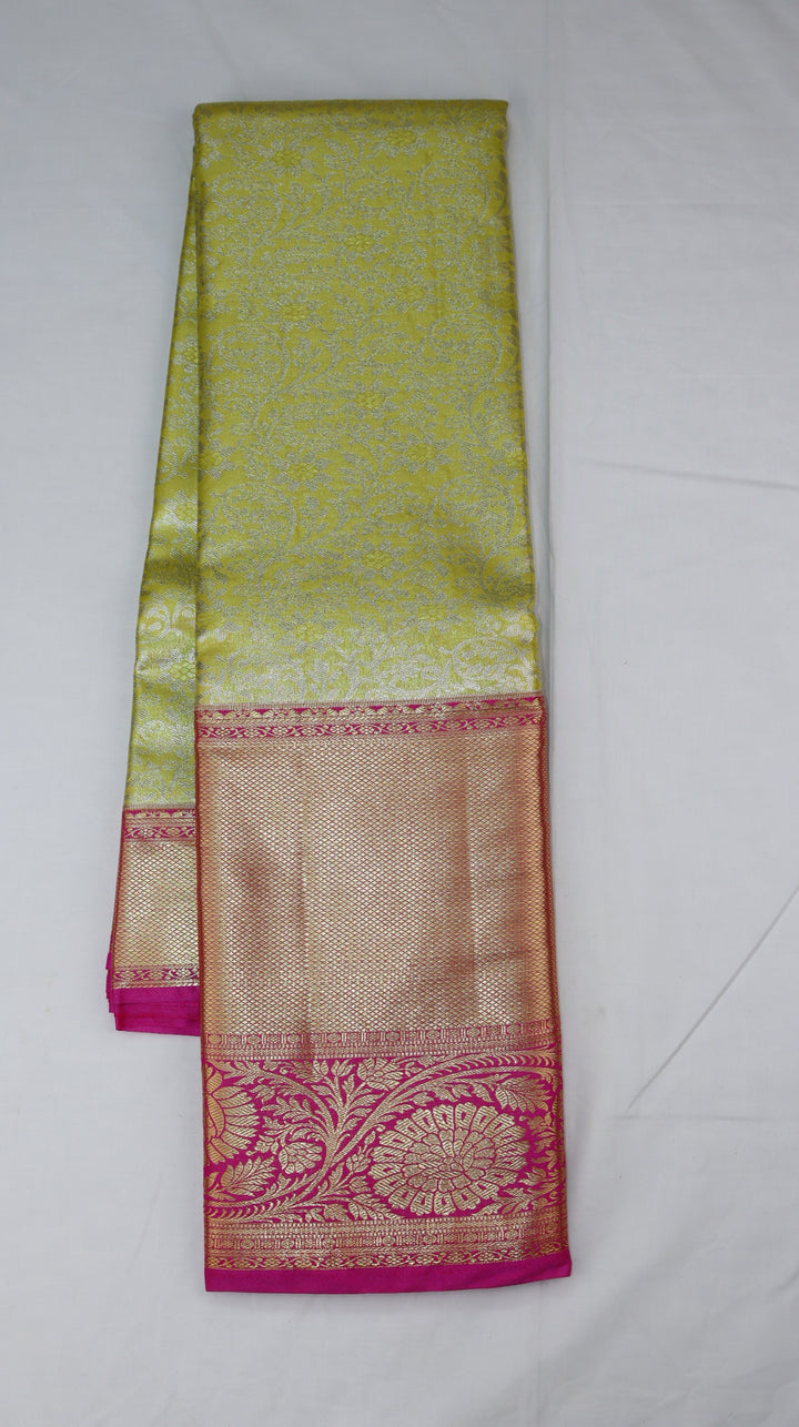 Lemon Green Silk Saree with Rich Gold Zari Pallu & Pink Border