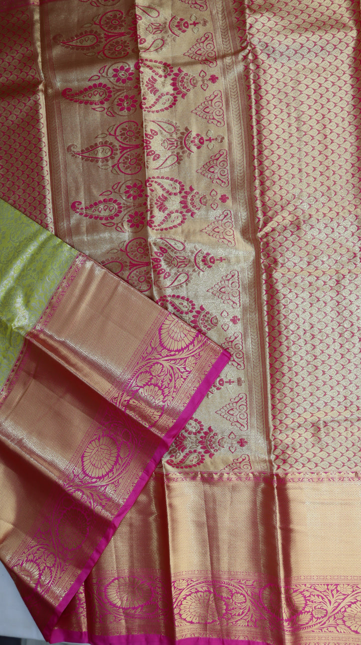 Lemon Green Silk Saree with Rich Gold Zari Pallu & Pink Border