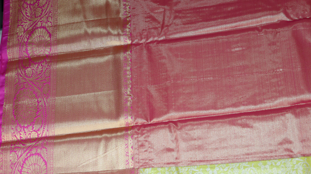 Lemon Green Silk Saree with Rich Gold Zari Pallu & Pink Border