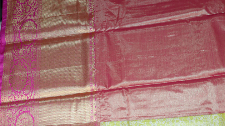 Lemon Green Silk Saree with Rich Gold Zari Pallu & Pink Border