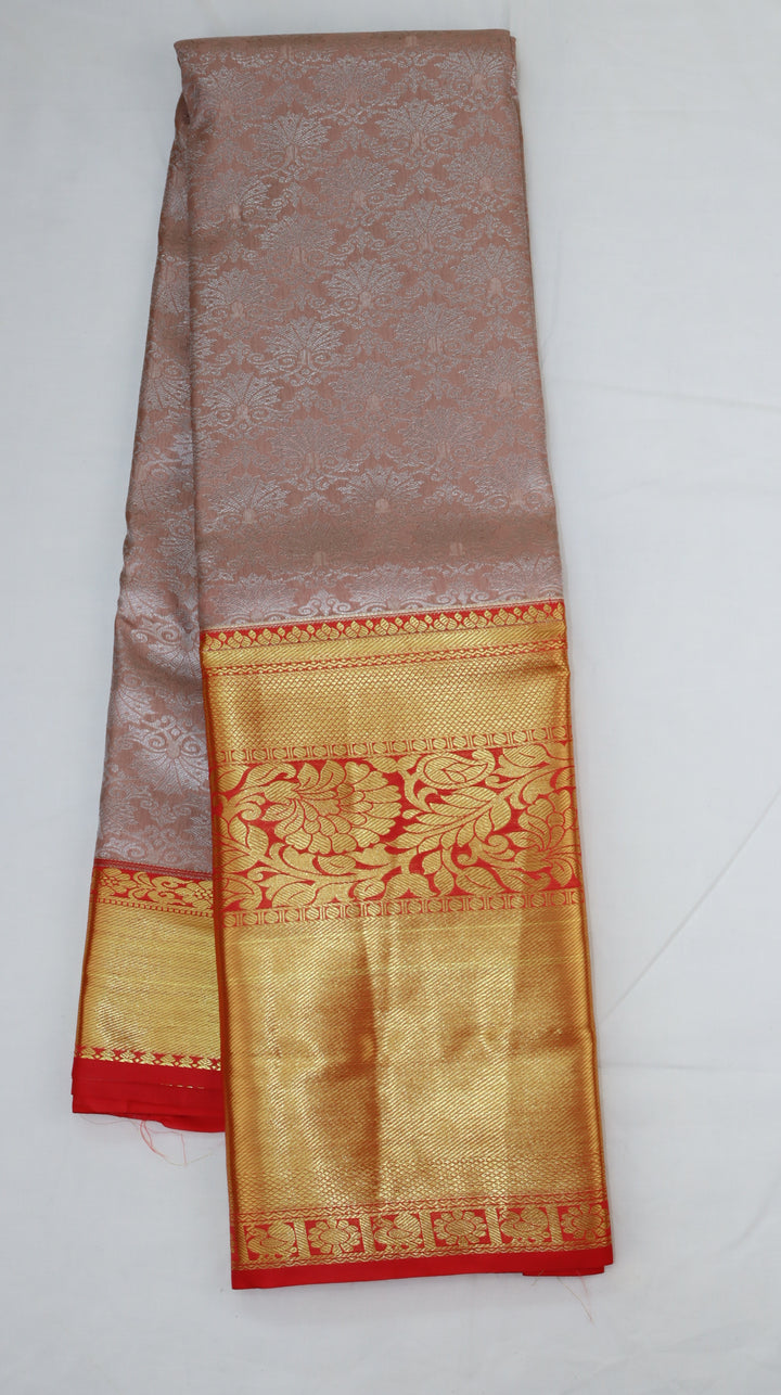 Pure Kanchipuram Silk Saree in Dusty Rose Pink with Rich Gold Zari &amp; Contrast Red Border