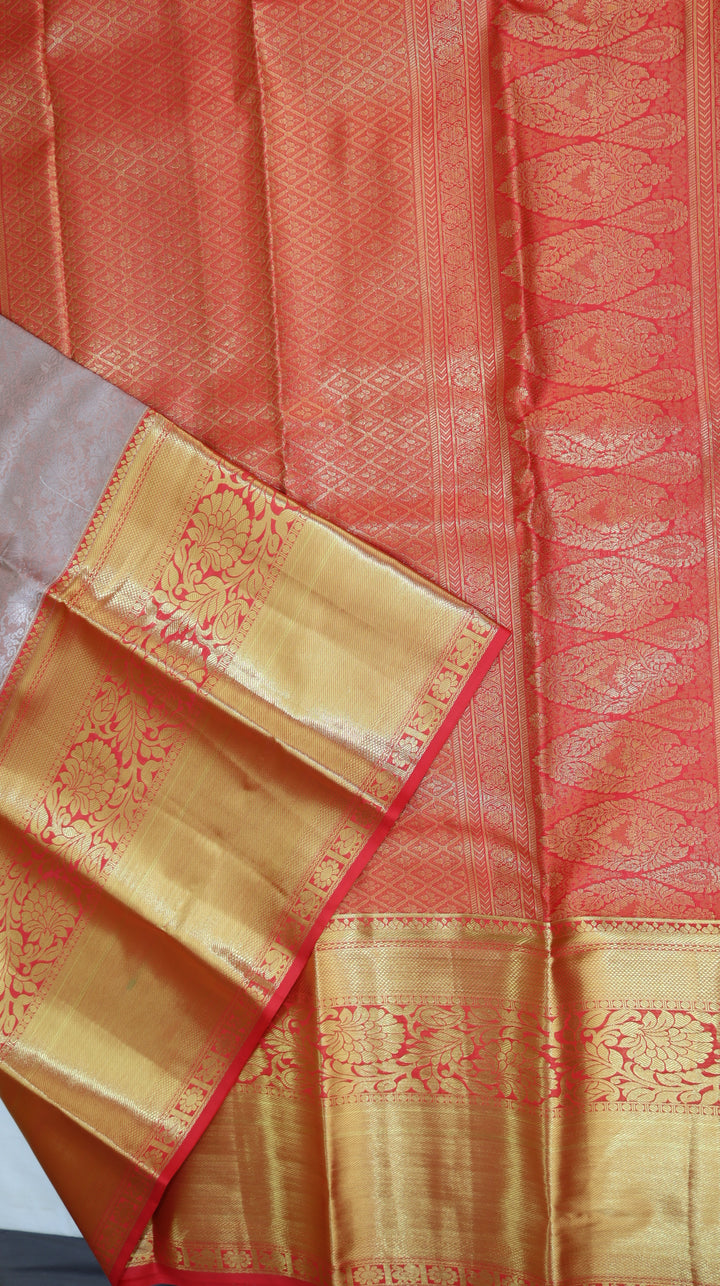 Pure Kanchipuram Silk Saree in Dusty Rose Pink with Rich Gold Zari &amp; Contrast Red Border