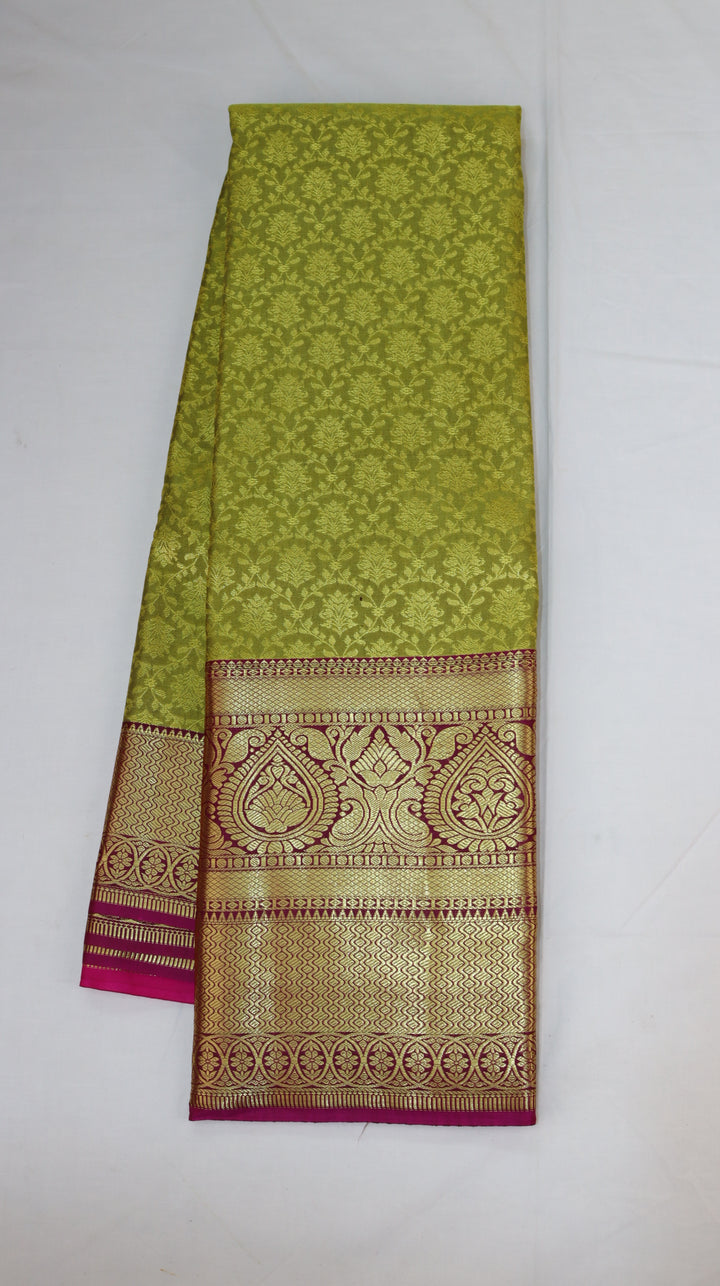 Parrot Green Pure Kanchipuram Silk Saree with Rich Gold Zari Border &amp; Pink Contrast Border