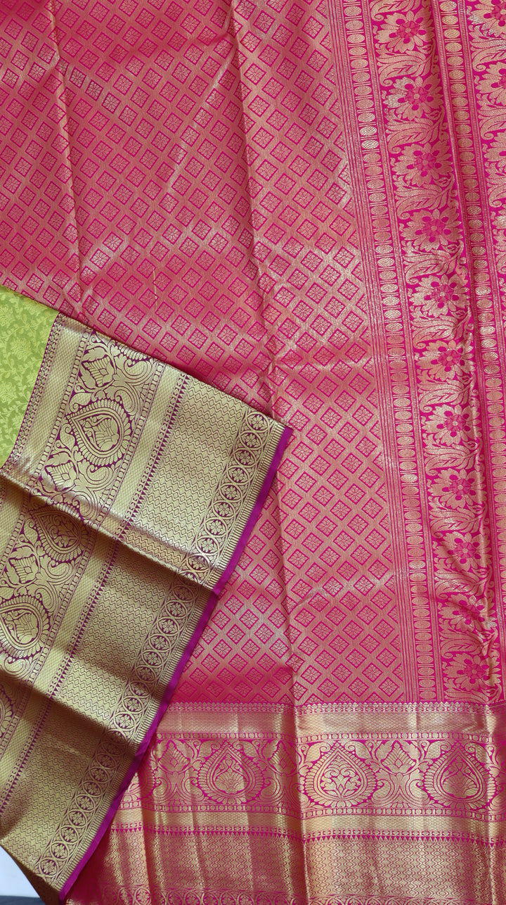 Parrot Green Pure Kanchipuram Silk Saree with Rich Gold Zari Border &amp; Pink Contrast Border