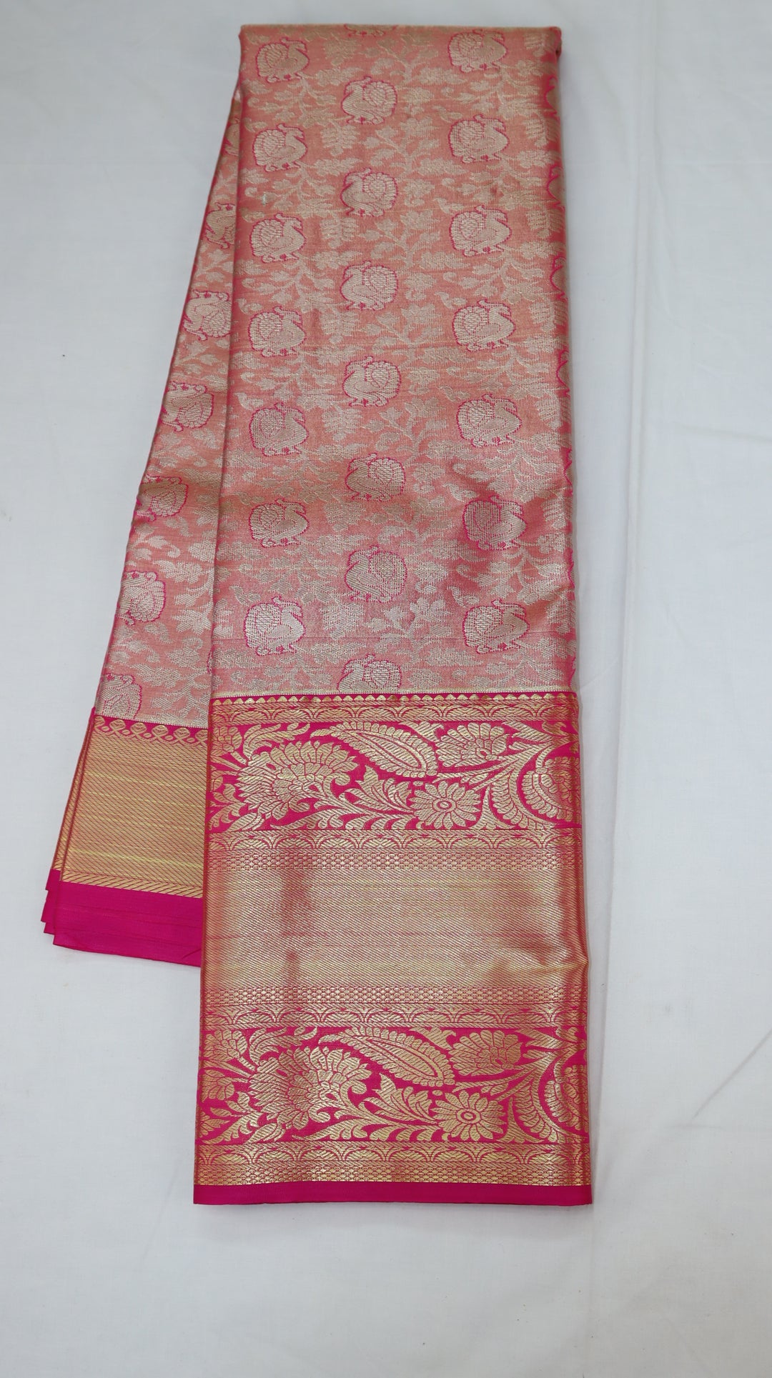 Peach Pink Pure Kanchipuram Silk Saree with Silver Zari Floral Weaving &amp; Contrast Pink Border