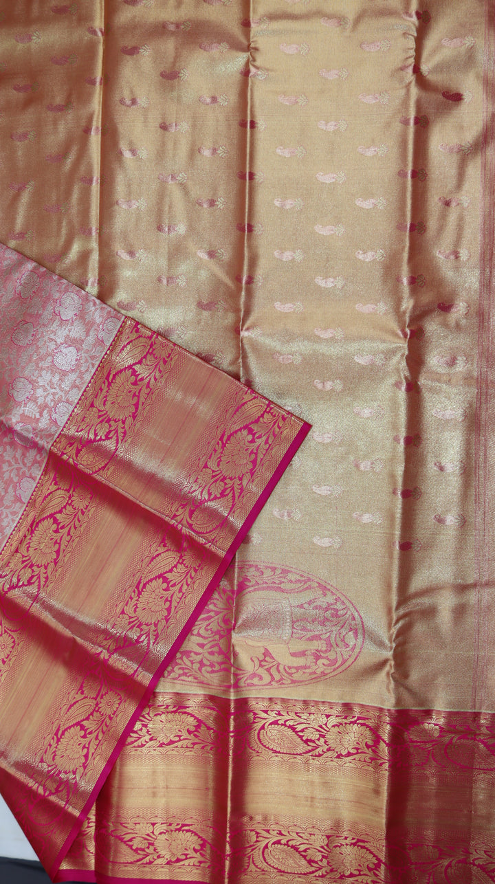 Peach Pink Pure Kanchipuram Silk Saree with Silver Zari Floral Weaving &amp; Contrast Pink Border