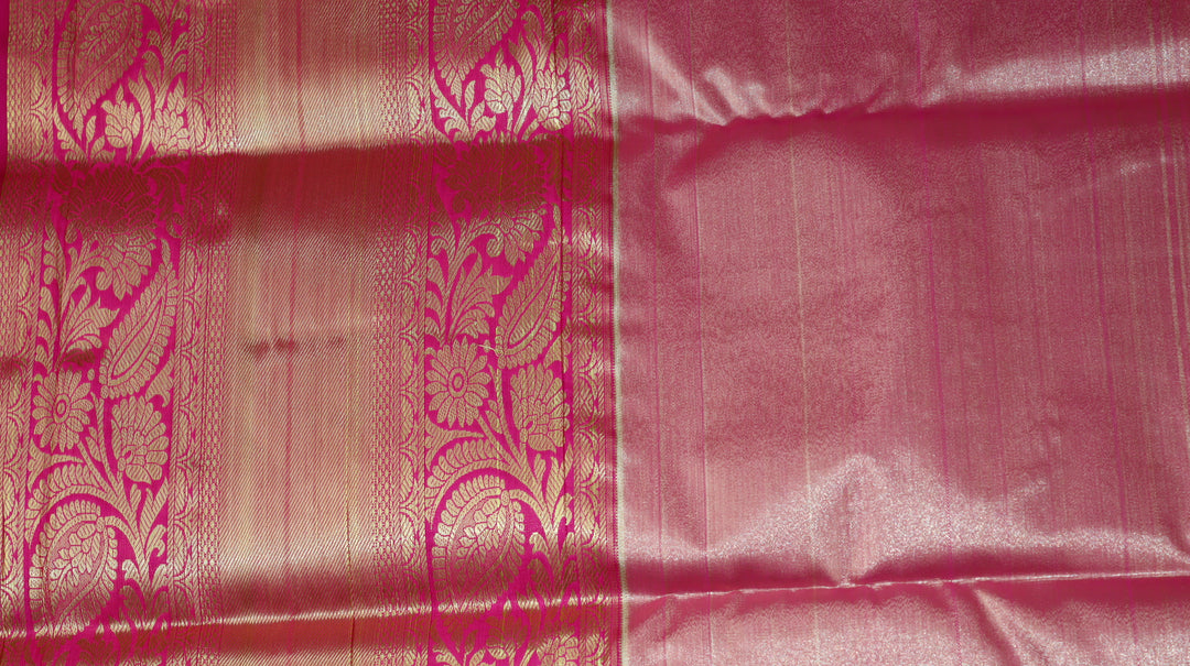 Peach Pink Pure Kanchipuram Silk Saree with Silver Zari Floral Weaving &amp; Contrast Pink Border