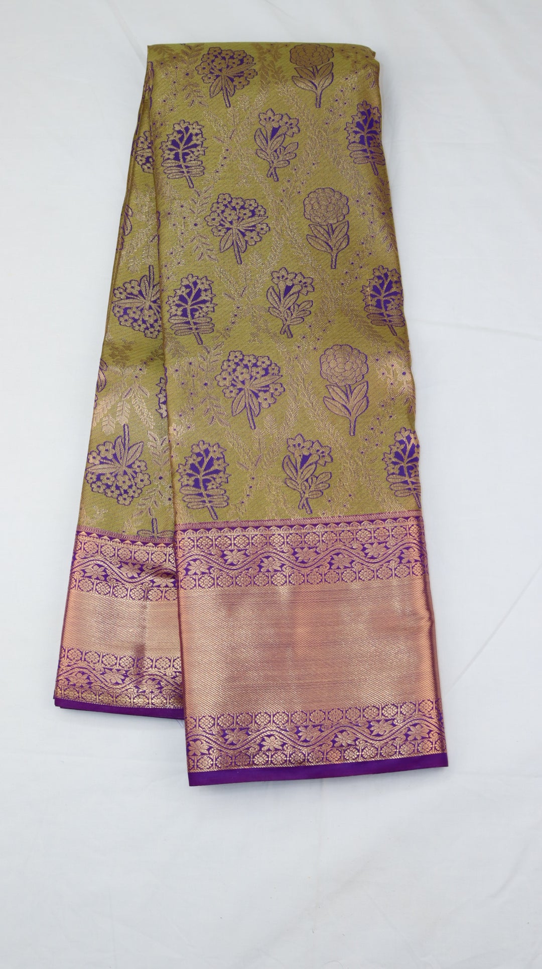 Olive Green Pure Kanchipuram Silk Saree with Purple Floral Zari Weaving &amp; Contrast Purple Border