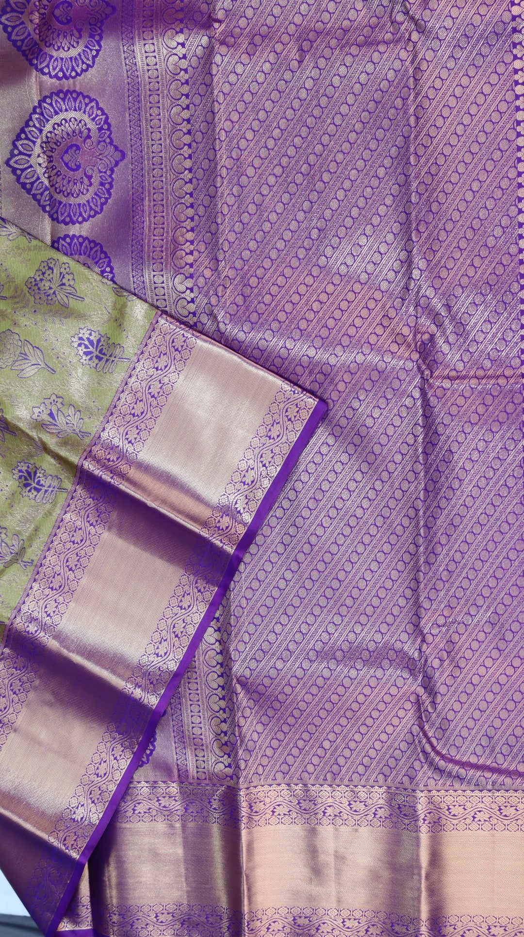 Olive Green Pure Kanchipuram Silk Saree with Purple Floral Zari Weaving &amp; Contrast Purple Border