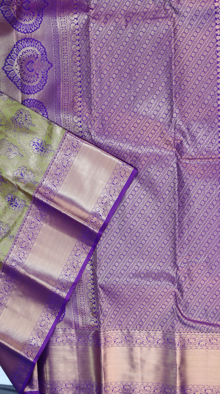 Olive Green Pure Kanchipuram Silk Saree with Purple Floral Zari Weaving &amp; Contrast Purple Border